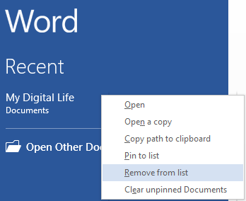 Remove Recent Item from Office 2013 List
