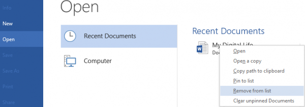 Remove Recent Item from Office 2013 List